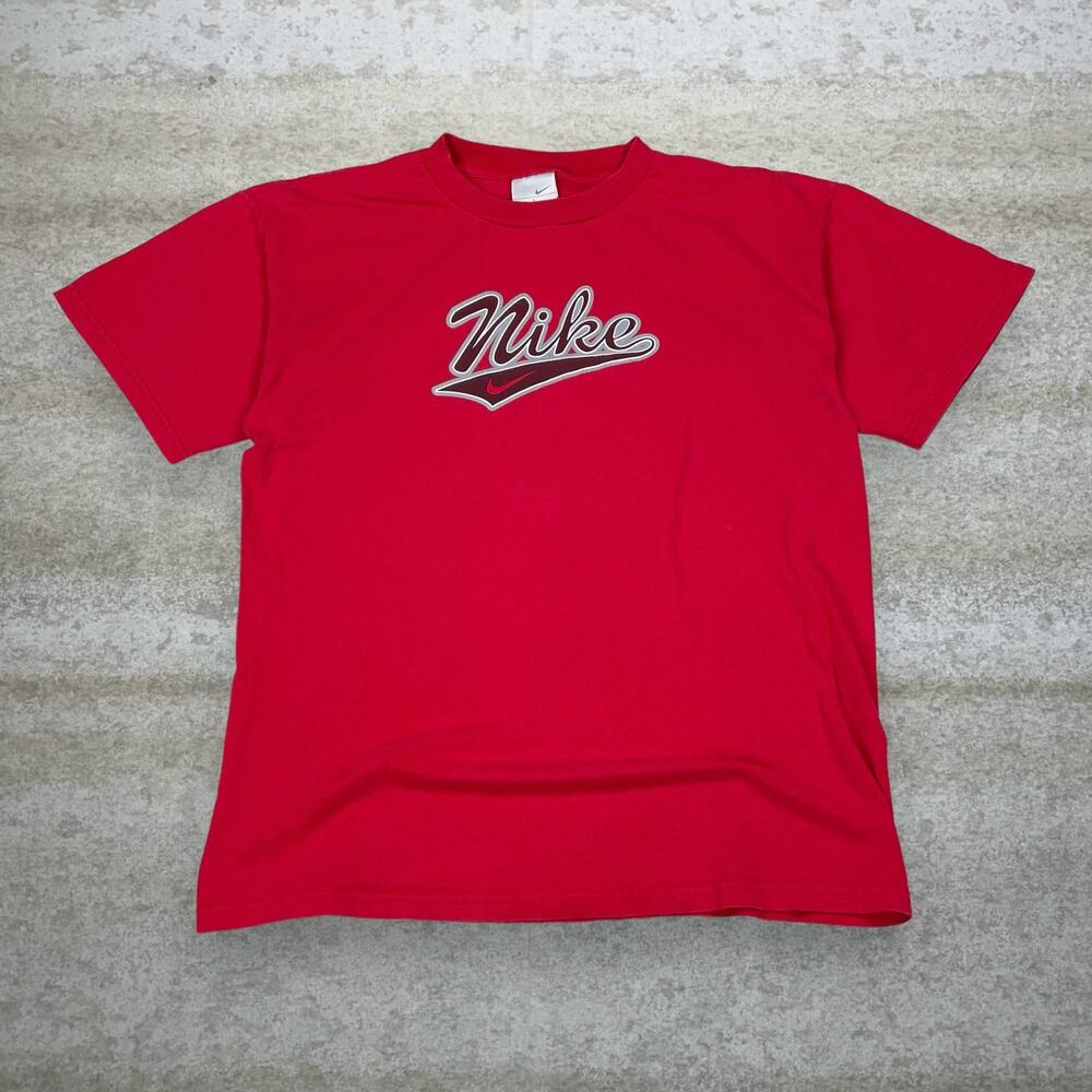 Vintage Y2K Nike Shirt Mens L Crimson Red Black Spellout Logo Short Sleeve